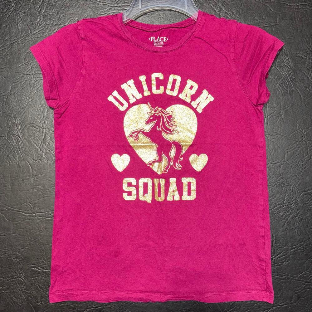Childrens Place Girls Unicorn Squad T Shirt Top Short Sleeve Gold Dark Pink XL